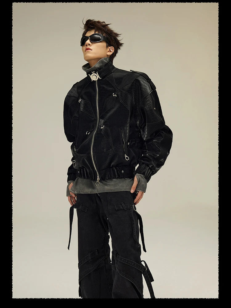 Mauroicardi Spring Autumn Cool Short Shiny Black Crocodile Print Pu Leather Jacket Men Luxury Designer Y2K Streetwear Clothes