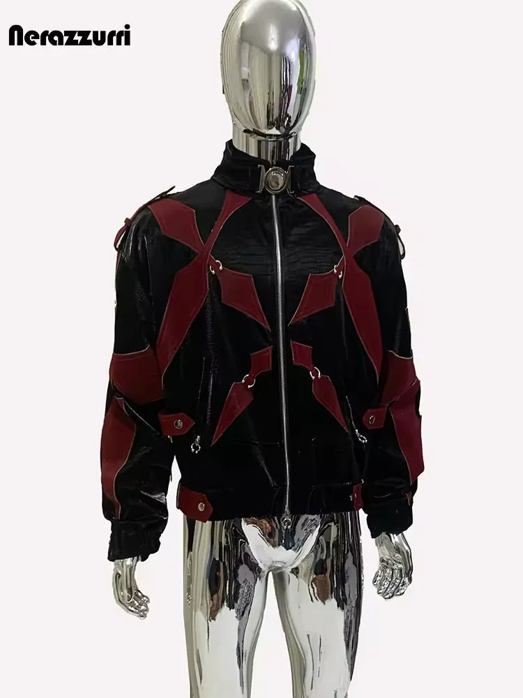 Mauroicardi Autumn Short Color Block Crocodile Print Faux Leather Jacket Men Stand Collar Luxury Designer Punk Style Emo Clothes