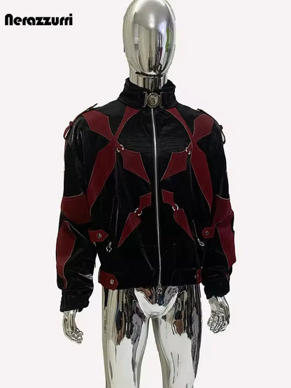 Mauroicardi Autumn Short Color Block Crocodile Print Faux Leather Jacket Men Stand Collar Luxury Designer Punk Style Emo Clothes