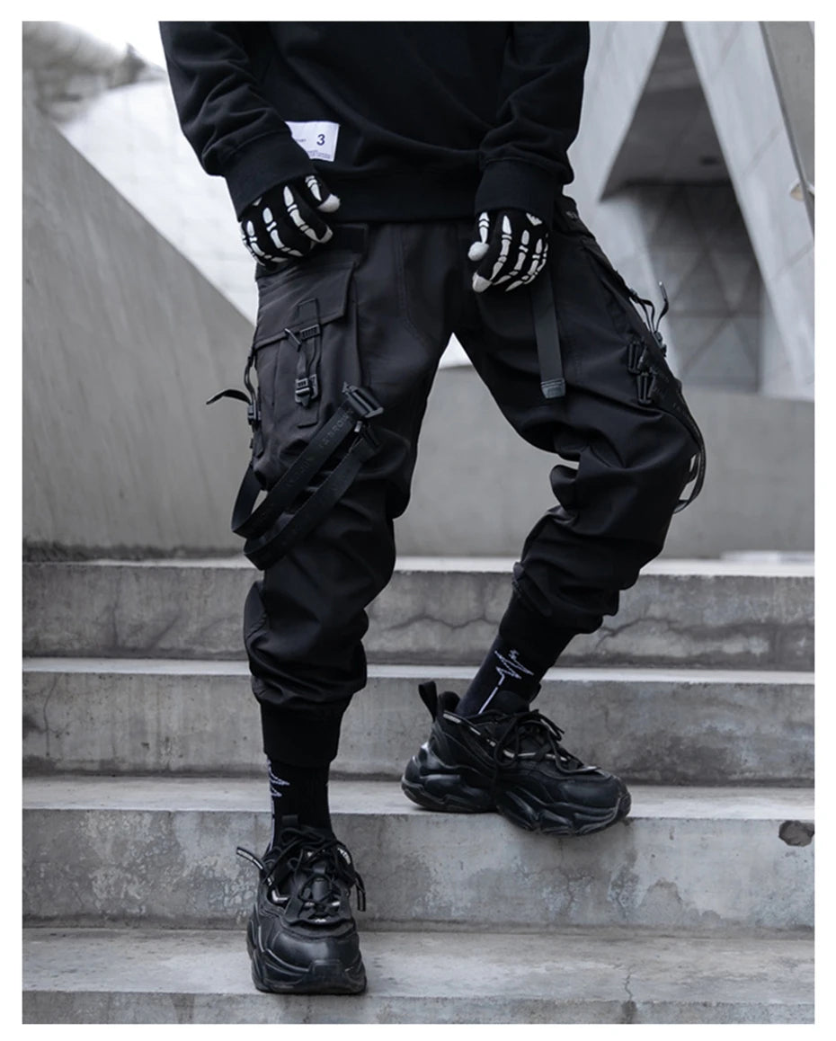 Hip Hop Tactical Cargo Pants Men Ribbons Joggers Trousers 2023 Spring Functional Elastic Waist Fahsion Streetwear Pant