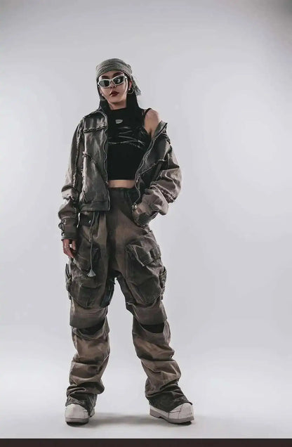 HKSH Spring Autumn New Men's Tide Punk Splice Jackets Split Burr Washed Retro Waste Land Chic Coat Dark Cotton Streetwear HK2418