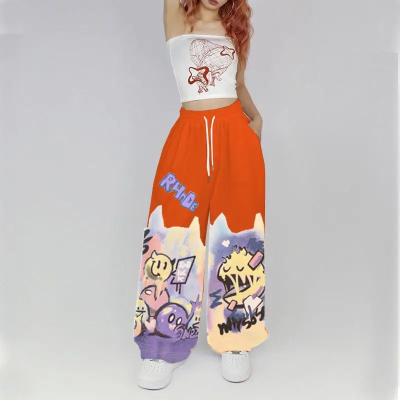 American Street Hip Hop Straight Graffiti Casual Pants New Fashion Casual High Waist Pockets Jazz Dance Sports Wide Leg Trousers