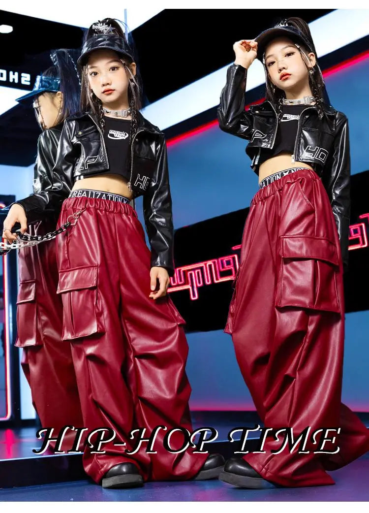 Jazz Dance Girls Clothes Kids Hip Hop Dance Costume Black Leather Crop Tops Hiphop Pants Catwalk Performance Clothing BL13600