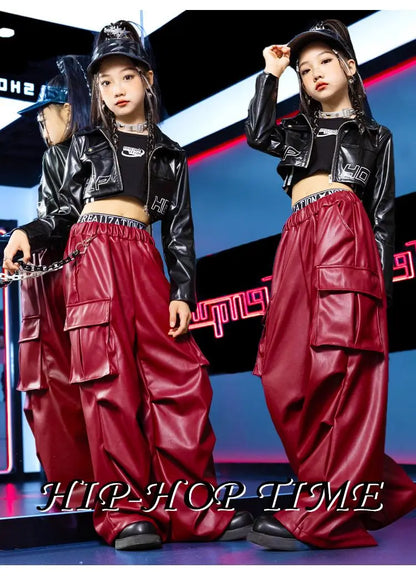 Jazz Dance Girls Clothes Kids Hip Hop Dance Costume Black Leather Crop Tops Hiphop Pants Catwalk Performance Clothing BL13600