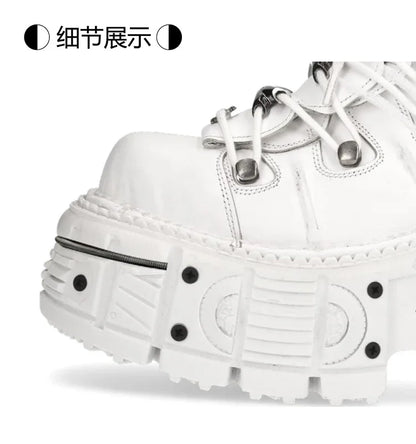 Fashion Women Motorcycle Boots Punk Thick Heel Height 8CM Flat Platform Goth Ankle Rock Boots Metal Decor Casual Sneakers
