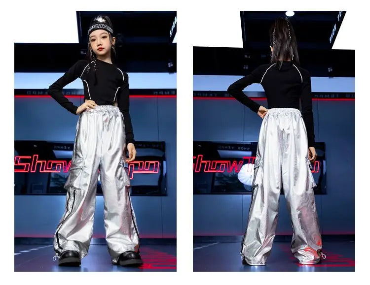 Jazz Dance Girls Clothes Kids Hip Hop Dance Costume Black Leather Crop Tops Hiphop Pants Catwalk Performance Clothing BL13600