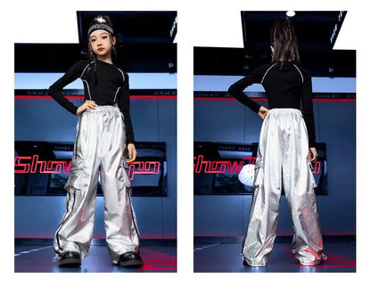 Jazz Dance Girls Clothes Kids Hip Hop Dance Costume Black Leather Crop Tops Hiphop Pants Catwalk Performance Clothing BL13600