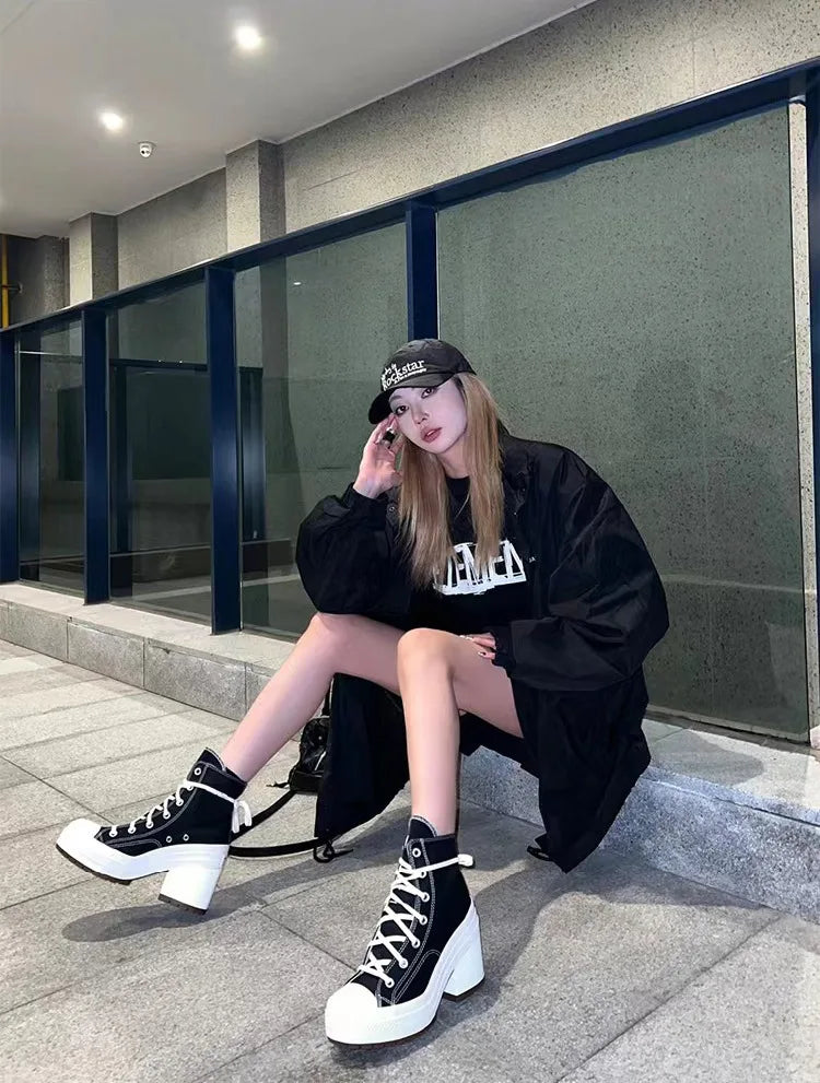 Fashionable High Top Canvas Shoes Classic Retro Casual Shoes Thick Soled Sports Shoes Height Increasing Breathable Women's Shoe