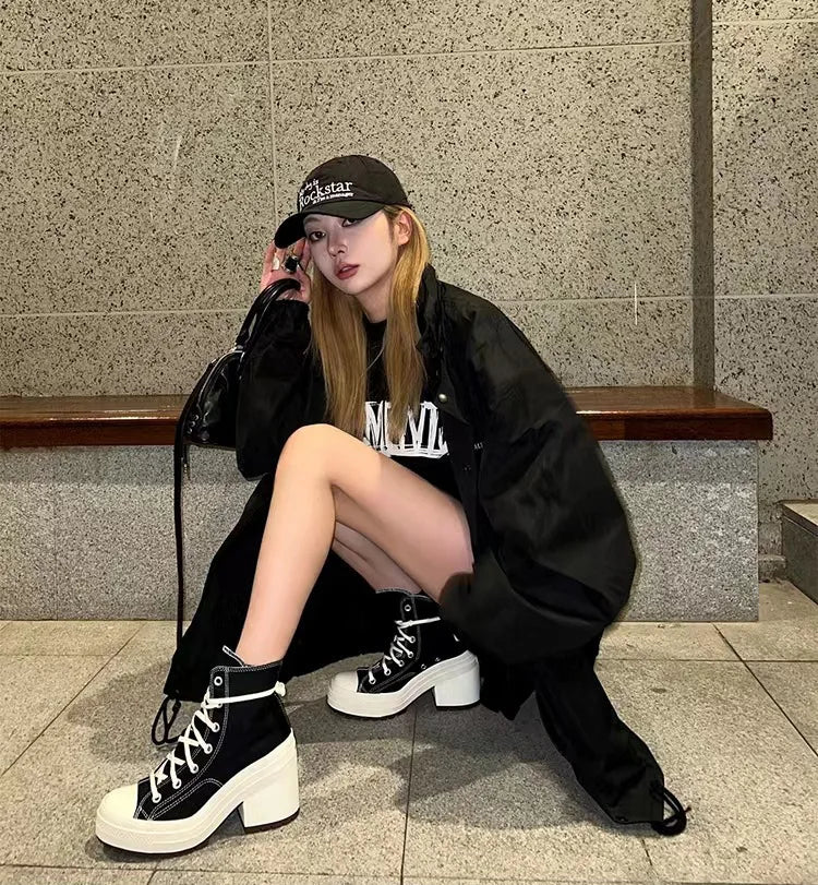 Fashionable High Top Canvas Shoes Classic Retro Casual Shoes Thick Soled Sports Shoes Height Increasing Breathable Women's Shoe