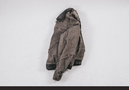 Waste Soil Style Washed Frayed Rough Edge Short Jacket Men Profile Distressed Flip Collar Coat