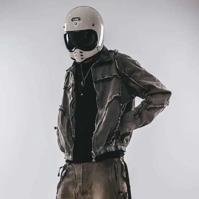 HKSH Spring Autumn New Men's Tide Punk Splice Jackets Split Burr Washed Retro Waste Land Chic Coat Dark Cotton Streetwear HK2418