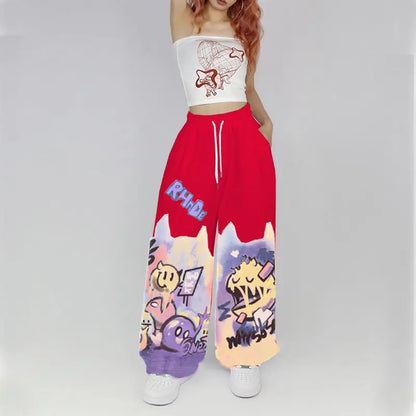 American Street Hip Hop Straight Graffiti Casual Pants New Fashion Casual High Waist Pockets Jazz Dance Sports Wide Leg Trousers