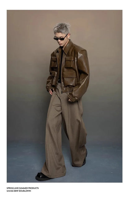 Y2K Mens PU Leather Jacket Pocket Motorcycle Coat Flip Collar Casual Gothic High Street Dark Silhouette Top Men's Wear 2025