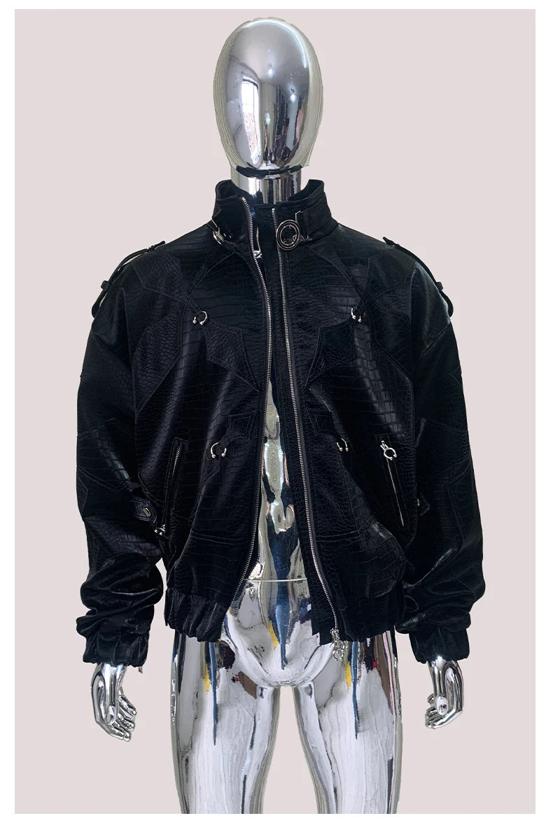 Mauroicardi Autumn Short Color Block Crocodile Print Faux Leather Jacket Men Stand Collar Luxury Designer Punk Style Emo Clothes