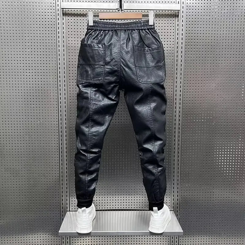 Hip Hop Mens Leather Pants Harajuku Retro Loose Casual Trousers Straight Solid Color Black Pants Streetwear Brand Motorcycle Pan