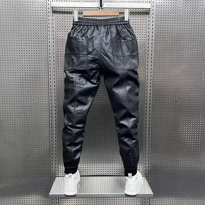 Hip Hop Mens Leather Pants Harajuku Retro Loose Casual Trousers Straight Solid Color Black Pants Streetwear Brand Motorcycle Pan