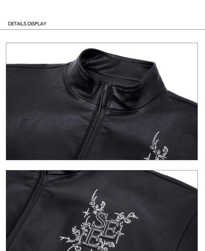 Motorcycle Style Black Short PU Leather Jacket Metal Letter Embroidered Leather Coat Men