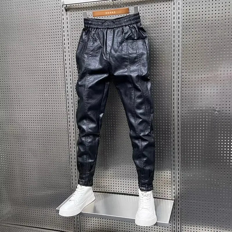 Hip Hop Mens Leather Pants Harajuku Retro Loose Casual Trousers Straight Solid Color Black Pants Streetwear Brand Motorcycle Pan