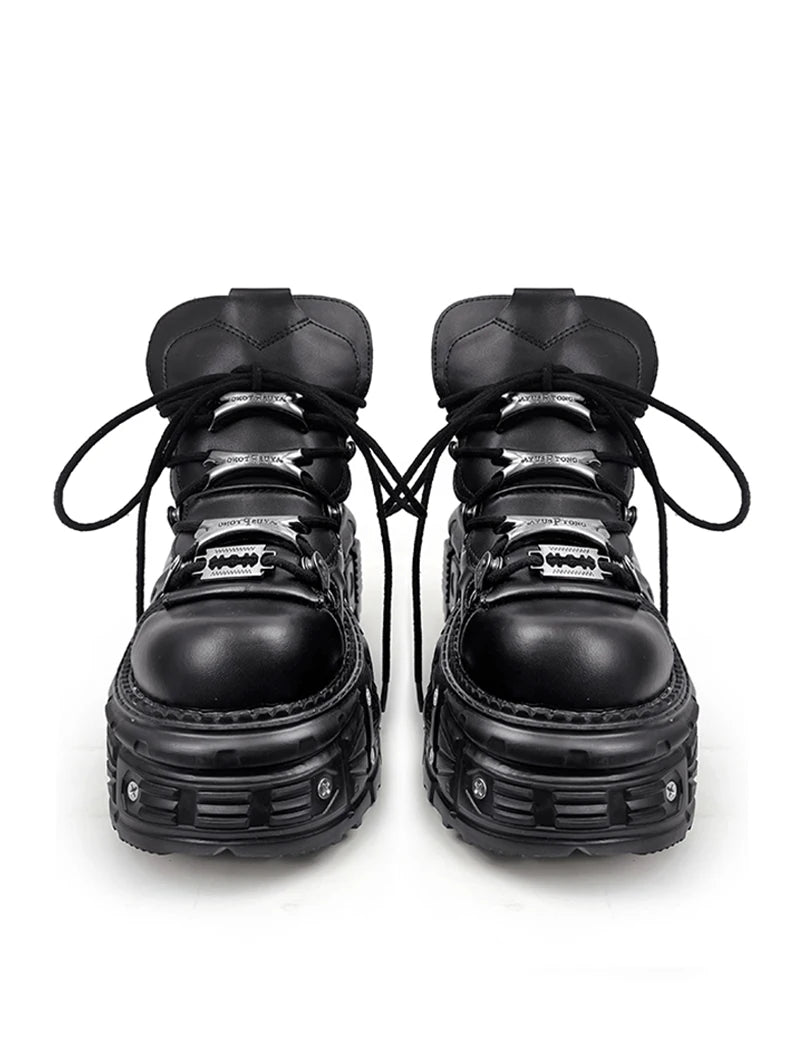 New Women Shoes Punk Style Lace-up Heel Height 6CM Platform Shoes Woman Gothic Ankle Rock Boots Metal Decor Woman Sneakers
