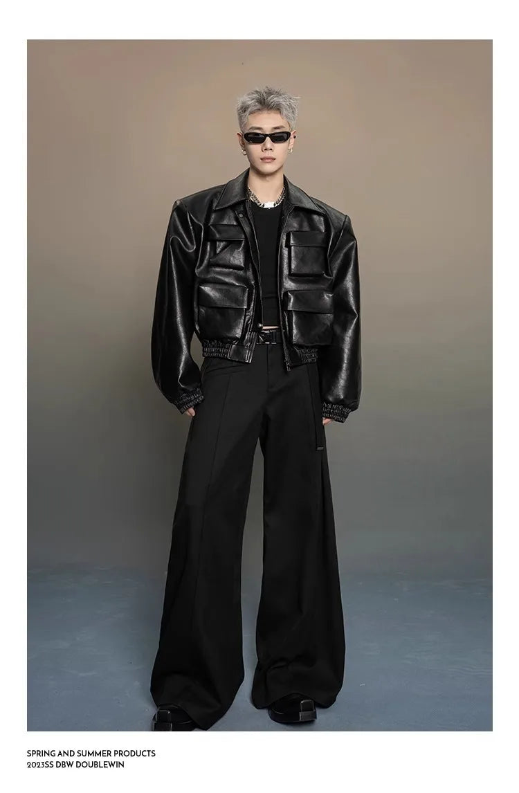 Y2K Mens PU Leather Jacket Pocket Motorcycle Coat Flip Collar Casual Gothic High Street Dark Silhouette Top Men's Wear 2025