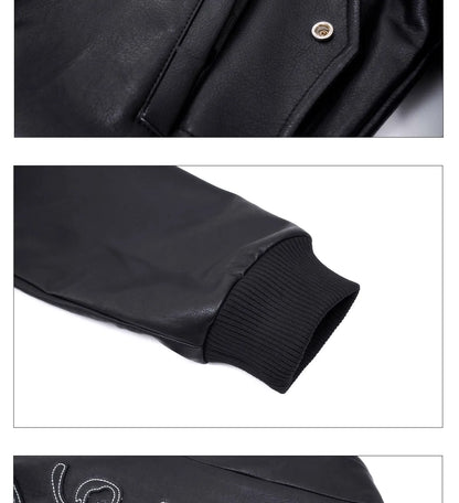 Motorcycle Style Black Short PU Leather Jacket Metal Letter Embroidered Leather Coat Men