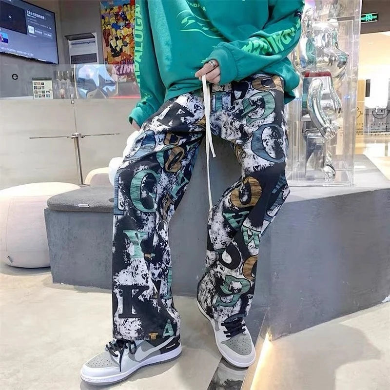 High Street Graffiti Tie-dye Pants Men Casual Loose Oversized Hip-hop Trousers Man American Straight Wide-leg Pants