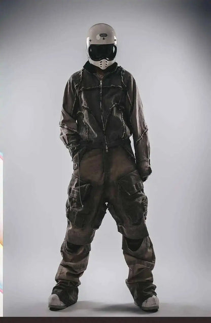 HKSH Spring Autumn New Men's Tide Punk Splice Jackets Split Burr Washed Retro Waste Land Chic Coat Dark Cotton Streetwear HK2418