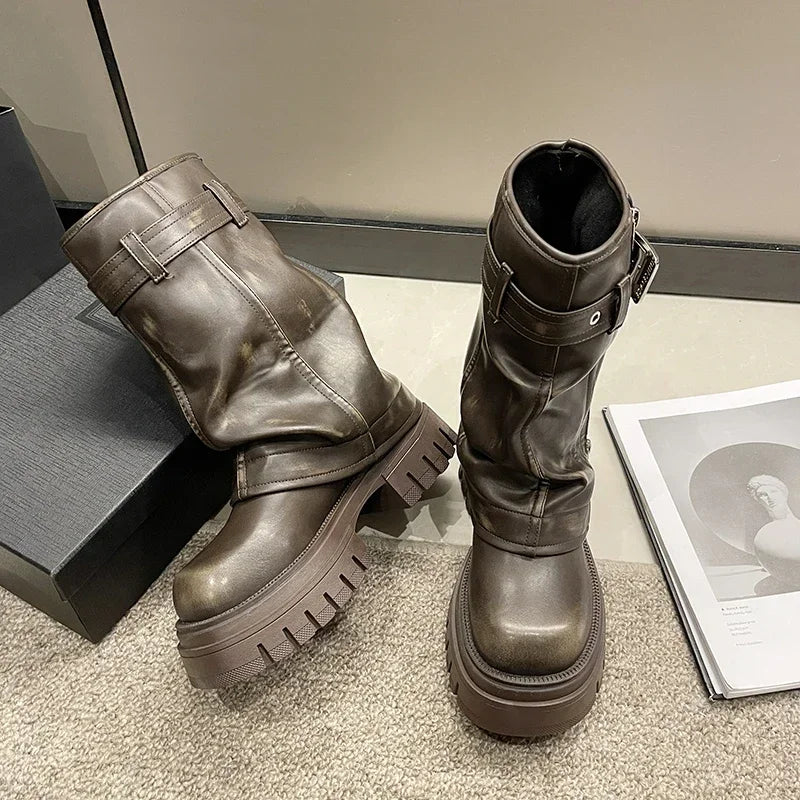 Shoes for Women Belt Buckle Women's Boot Fashion Side Zipp Modern Boots Women High Quality Round Toe Mid-Calf Zapatos