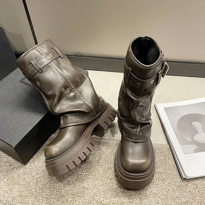 Shoes for Women Belt Buckle Women's Boot Fashion Side Zipp Modern Boots Women High Quality Round Toe Mid-Calf Zapatos