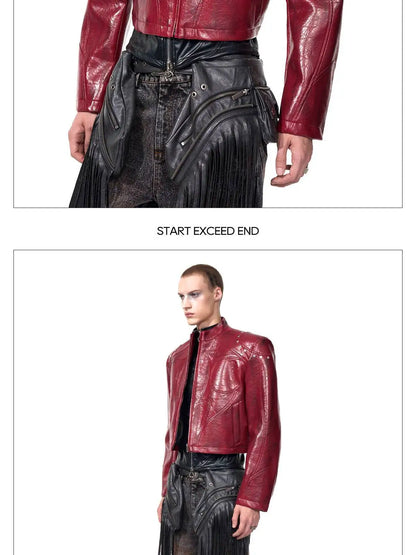 FEWQ High Street Men's PU Leather Jackets Stand Collar Shoulder Pads Dirty-dying Contrast Color Loose Male Short Coats 24K5621