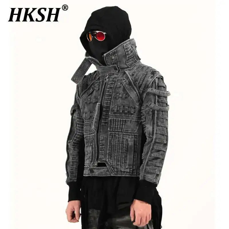 HKSH Spring Autumn Men Punk Waste Land Pleated Asymmetric Loop Vintage Washed Cotton Jacket Techwear Dark Motorcycle Coat HK4372