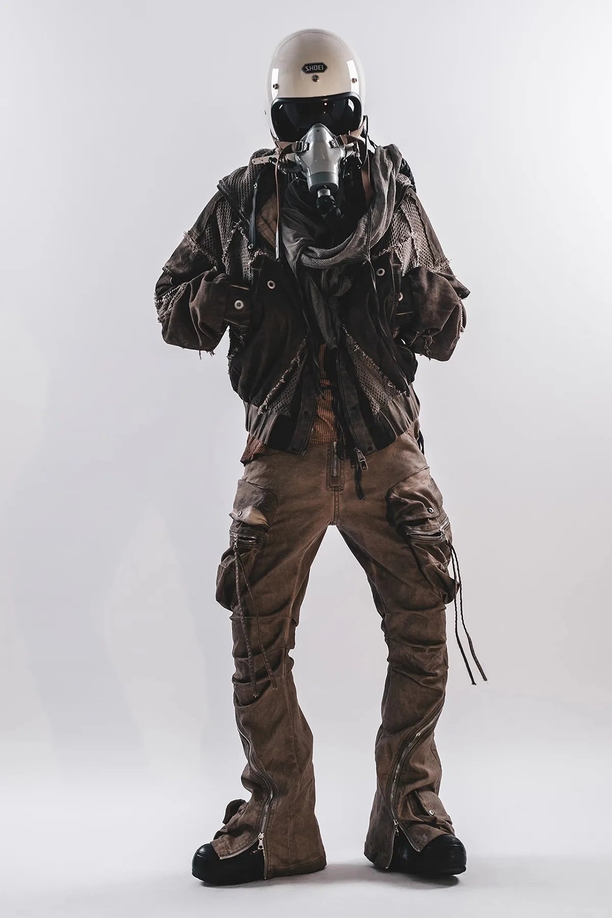 Waste Soil Style Mesh Splicing Hooded Short Jacket Washed Distressed Stereoscopic Cut Loose Coat  for Men