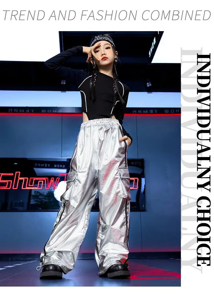 Jazz Dance Girls Clothes Kids Hip Hop Dance Costume Black Leather Crop Tops Hiphop Pants Catwalk Performance Clothing BL13600
