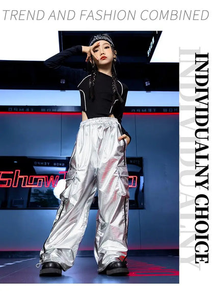 Jazz Dance Girls Clothes Kids Hip Hop Dance Costume Black Leather Crop Tops Hiphop Pants Catwalk Performance Clothing BL13600