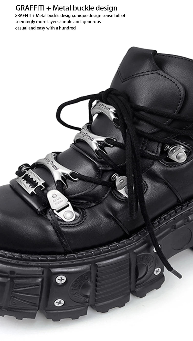 New Women Shoes Punk Style Lace-up Heel Height 6CM Platform Shoes Woman Gothic Ankle Rock Boots Metal Decor Woman Sneakers