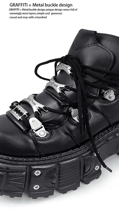 New Women Shoes Punk Style Lace-up Heel Height 6CM Platform Shoes Woman Gothic Ankle Rock Boots Metal Decor Woman Sneakers