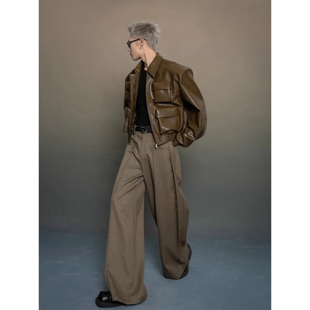 Y2K Mens PU Leather Jacket Pocket Motorcycle Coat Flip Collar Casual Gothic High Street Dark Silhouette Top Men's Wear 2025