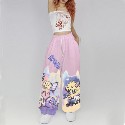 American Street Hip Hop Straight Graffiti Casual Pants New Fashion Casual High Waist Pockets Jazz Dance Sports Wide Leg Trousers