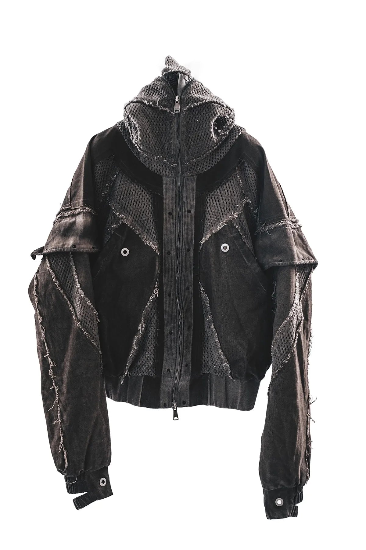 Waste Soil Style Mesh Splicing Hooded Short Jacket Washed Distressed Stereoscopic Cut Loose Coat  for Men