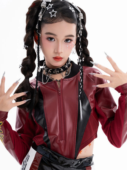 2025 Fashion Girls Jazz Dance Clothes Leather Tops Trousers Red Performance Suit Hip Hop Dance Costume Kids Stage Wear  BL18021