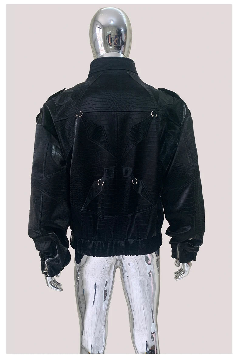 Mauroicardi Autumn Short Color Block Crocodile Print Faux Leather Jacket Men Stand Collar Luxury Designer Punk Style Emo Clothes