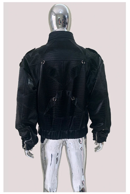 Mauroicardi Autumn Short Color Block Crocodile Print Faux Leather Jacket Men Stand Collar Luxury Designer Punk Style Emo Clothes