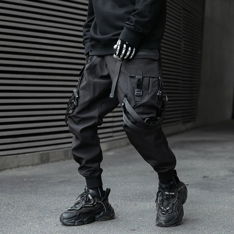 Hip Hop Tactical Cargo Pants Men Ribbons Joggers Trousers 2023 Spring Functional Elastic Waist Fahsion Streetwear Pant