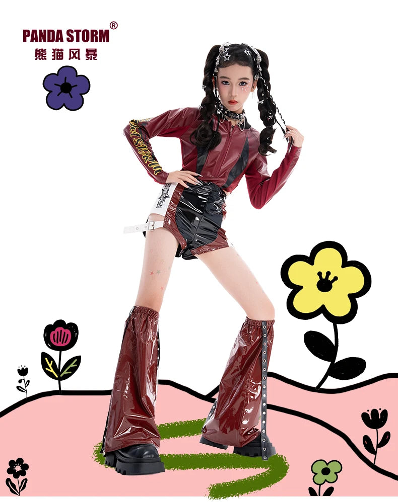 2025 Fashion Girls Jazz Dance Clothes Leather Tops Trousers Red Performance Suit Hip Hop Dance Costume Kids Stage Wear  BL18021