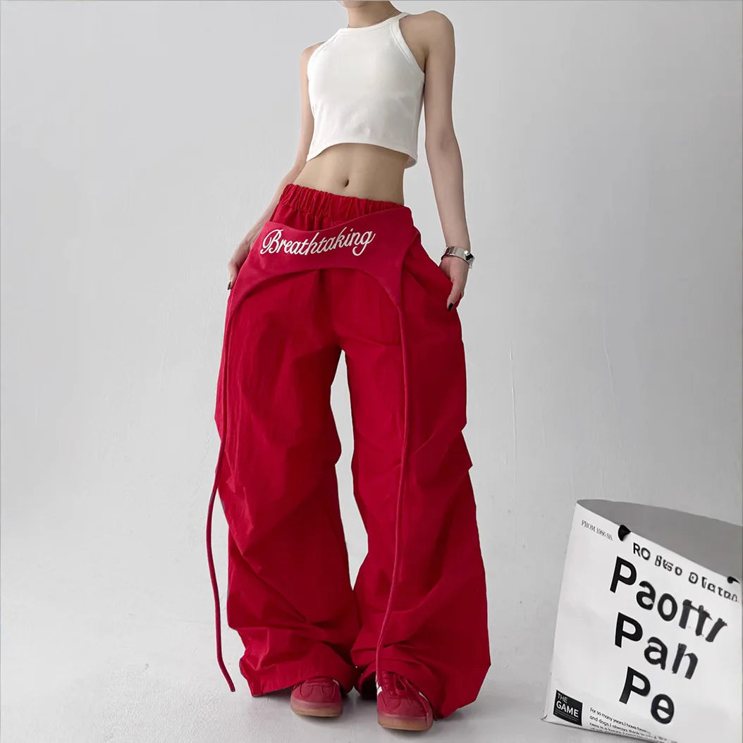 Women's Bootcut Trousers - Streetwear Baggy Pants with Hip Drape & Waist Ties, American Hip Hop Curved Hem Casual Pants White