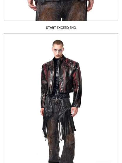 FEWQ High Street Men's PU Leather Jackets Stand Collar Shoulder Pads Dirty-dying Contrast Color Loose Male Short Coats 24K5621