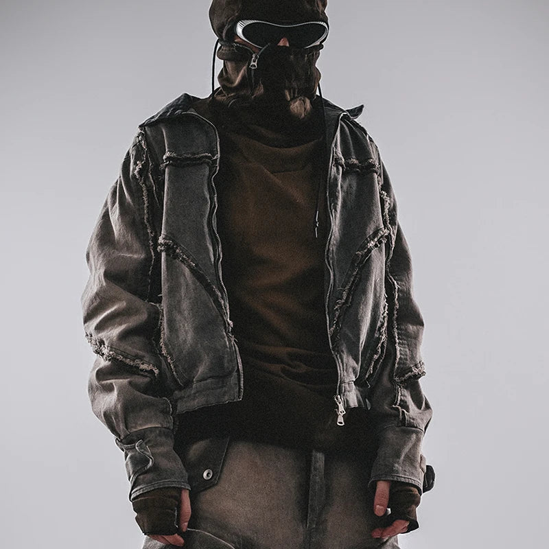 Waste Soil Style Washed Frayed Rough Edge Short Jacket Men Profile Distressed Flip Collar Coat