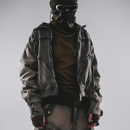 Waste Soil Style Washed Frayed Rough Edge Short Jacket Men Profile Distressed Flip Collar Coat