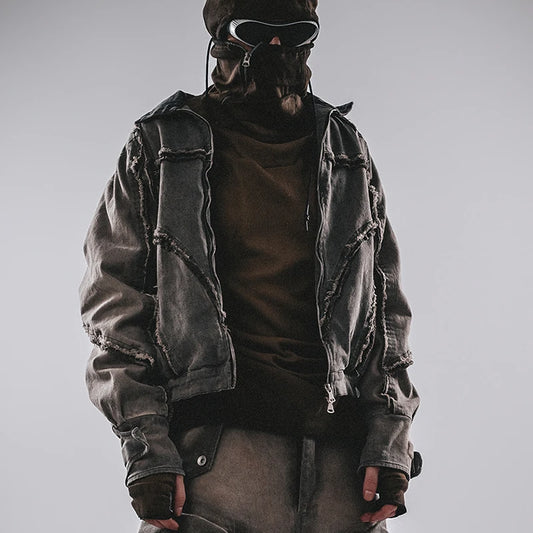 Waste Soil Style Washed Frayed Rough Edge Short Jacket Men Profile Distressed Flip Collar Coat
