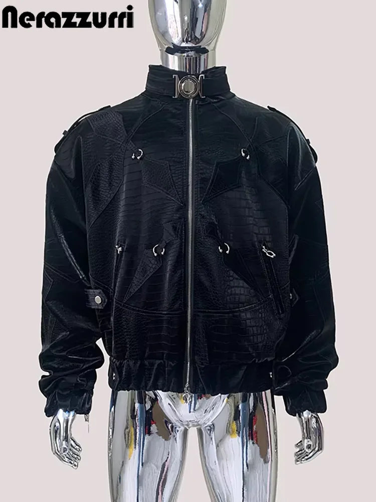 Mauroicardi Autumn Short Color Block Crocodile Print Faux Leather Jacket Men Stand Collar Luxury Designer Punk Style Emo Clothes